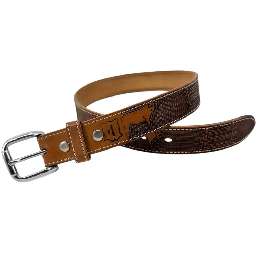 Vintage Western Boho Leather Belt with Stitched Detailing Brown Tan